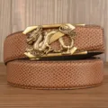 Men's vintage leather belt with metallic dragon automatic buckle and brown scale texture variant. - Brown Snake Pattern Z Dragon Gold Buckle