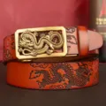 Embossed dragon men's leather belt with gold metal automatic buckle, stylish retro waist strap. - Earth Yellow Double Dragon Gold Buckle