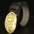 Men's Black Leather Belt with Gold Dragon Buckle Casual Fashion Chinese Style Design - Black / 120cm