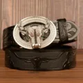 Men's automatic buckle leather belt featuring a dazzling rhinestone bull head buckle and embossed strap. - Black Carved Bull Head with Silver Rhinestone Buckle / 105cm
