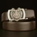 Men's brown leather belt featuring a sparkling rhinestone tiger head automatic buckle. - 110cm / Coffee With Silver Buckle