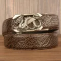 Retro dragon automatic buckle men genuine leather belt with crocodile skin pattern. - Brown Crocodile Claw Pattern Z Dragon Silver Buckle
