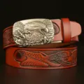 Men vintage embossed cowhide leather belt with eagle metal automatic buckle casual jeans belt - Khaki Eagle Silver Buckle