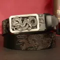 Men's fashion genuine leather automatic buckle belt with stylish 3D embossed dragon design. - 110cm / Black Double Dragon Silver Buckle