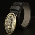 Men cowhide leather belt with 3D dragon relief metal buckle casual vintage jeans strap. - Black / 120cm