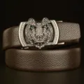 Men's leather belt with rhinestone tiger head automatic buckle, stylish casual waist belt. - 110cm / Coffee with Black End