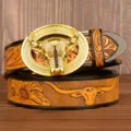 Luxury rhinestone bull head buckle men's leather belt casual automatic buckle strap. - Two-Tone Carved Bull Head with Gold Rhinestone Buckle