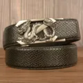 Men's automatic buckle leather belt with retro dragon metal hardware and snake grain texture. - Black Snake Pattern Z Dragon Silver Buckle