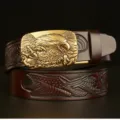 Mens vintage carved leather belt with golden eagle automatic buckle casual jeans belt. - Brown Eagle Gold Buckle