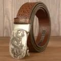 Men brown crocodile pattern cowhide leather belt with exquisite metal dragon automatic buckle. - 120cm / Coffee Crocodile Oval Flying Dragon Silver Buckle