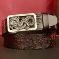 Men's genuine leather belt with metallic dragon automatic buckle, vintage embossed strap style. - 110cm / Coffee Double Dragon Silver Buckle
