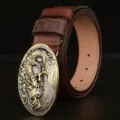 Men's brown leather belt with retro metal oval dragon carved buckle for casual jeans wear - Reddish Brown