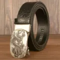 Men's automatic buckle leather belt with fashion crocodile pattern and dragon metal design. - 120cm / Black Crocodile Oval Flying Dragon Silver Buckle