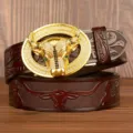 Luxury rhinestone bull head automatic buckle leather belt for men, stylish brown cowhide. - Brown Carved Bull Head with Gold Rhinestone Buckle