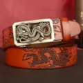 Men's leather belt with retro dragon automatic buckle, stylish embossed cowhide waist belt. - Earth Yellow Double Dragon Silver Buckle