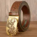 Men's brown crocodile pattern leather belt with golden dragon automatic buckle for business. - 120cm / Coffee Crocodile Oval Flying Dragon Gold Buckle