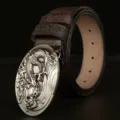 Men's leather belt with retro dragon embossed metal buckle casual cowhide strap for jeans. - Coffee