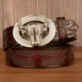 Men's stylish leather belt featuring a dazzling rhinestone bull head automatic buckle design. - Brown Carved Bull Head with Silver Rhinestone Buckle / 105cm