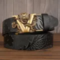 Men's dragon carved black leather belt with golden V buckle business casual jeans belt - 110cm / Black V-Dragon Gold Buckle
