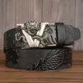 Men's leather belt with dragon embossed automatic buckle and metal V shape design. - 110cm / Black V-Dragon Silver Buckle