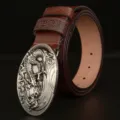 Men's brown leather belt with metal dragon buckle carved casual vintage jeans belt accessory - Reddish Brown