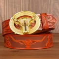 Men's brown leather belt featuring a luxury rhinestone gold bull head automatic buckle variant. - Tan Carved Bull Head with Gold Rhinestone Buckle