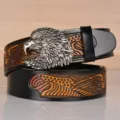 Men's vintage leather belt with metal eagle head buckle and embossed eagle pattern design. - 110cm / Black With Antique Silver Buckle