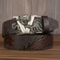Men's retro brown leather belt with dragon carved metal automatic buckle business casual - 110cm / Coffee V-Dragon Silver Buckle