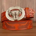 Men leather belt with dazzling rhinestone bull head buckle and vintage embossed cowhide strap. - Tan Carved Bull Head with Silver Rhinestone Buckle / 105cm