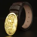 Men's leather belt with gold dragon buckle, casual embossed cowhide strap for jeans. - Coffee