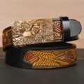 Men leather belt with eagle embossed automatic buckle retro casual jeans strap new - 110cm / Square Eagle Head Antique Bronze Buckle / Black