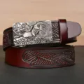 Men's leather automatic buckle belt with eagle relief embossed design for jeans. - 110cm / Square Eagle Head Antique Silver Buckle / Coffee