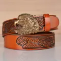 Men's leather belt with vintage eagle head automatic buckle and embossed retro strap design. - Khaki Antique Bronze Buckle