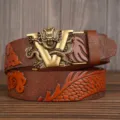 Men luxury leather belt with embossed dragon pattern and metal V buckle for business casual. - 110cm / Yellow Dragon V-Dragon Gold Buckle