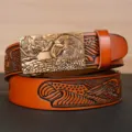 Men's brown leather belt with embossed eagle pattern and metallic automatic buckle accessory. - 110cm / Square Eagle Head Antique Bronze Buckle / Earthy Yellow