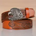 Vintage men's genuine leather belt with metallic eagle head buckle and stylish embossed eagle design. - Khaki Antique Silver Buckle