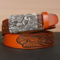 Men's genuine leather ratchet belt with embossed eagle and flag buckle, vintage style. - 110cm / Square Eagle Head Antique Silver Buckle / Earthy Yellow