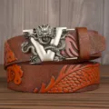 Men's leather belt dragon carved automatic buckle cowhide luxury style retro business - 110cm / Yellow Dragon V-Dragon Silver Buckle
