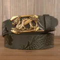 Men leather belt featuring metallic dragon buckle and embossed vintage patterns for business wear. - 110cm / Black Z-Dragon Gold Buckle