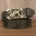 Men leather belt automatic buckle dragon carved vintage casual jeans belt luxury business - 110cm / Large Dragon Pattern Black Z-Dragon Silver Buckle
