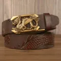Men's automatic buckle leather belt in dark brown with gold dragon motif and embossed strap. - 110cm / Coffee Z-Dragon Gold Buckle