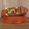 Men's leather belt with metallic dragon automatic buckle embossed pattern business casual jeans. - 110cm / Large Dragon Pattern Khaki Z-Dragon Gold Buckle