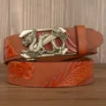 Men's brown leather belt with embossed dragon design and automatic metallic buckle variant. - 110cm / Large Dragon Pattern Khaki Z-Dragon Silver Buckle