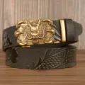 Men leather belt with metallic dragon automatic buckle and embossed dragon pattern strap. - 110cm / Black Claw Dragon Gold Buckle