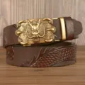 Men's leather belt with retro dragon buckle embossed dragon scale strap business style - 110cm / Coffee Claw Dragon Gold Buckle
