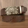 Men's brown leather belt with metallic dragon automatic buckle and embossed dragon scale pattern. - 110cm / Coffee Claw Dragon Silver Buckle