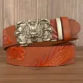 Men's embossed cowhide leather belt featuring intricate metallic dragon automatic buckle. - 110cm / Large Dragon Pattern Khaki Claw Dragon Silver Buckle