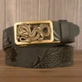 Men leather belt with metallic dragon automatic buckle and textured pattern for casual wear. - 110cm / Black Square Panel Dragon Gold Buckle