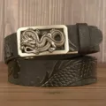 Men leather belt metal dragon automatic buckle embossed cowhide business casual jeans belt. - 110cm / Black Square Panel Dragon Silver Buckle