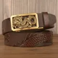 Men's retro embossed dragon leather belt with metal automatic buckle for jeans and business. - 110cm / Coffee Square Panel Dragon Gold Buckle